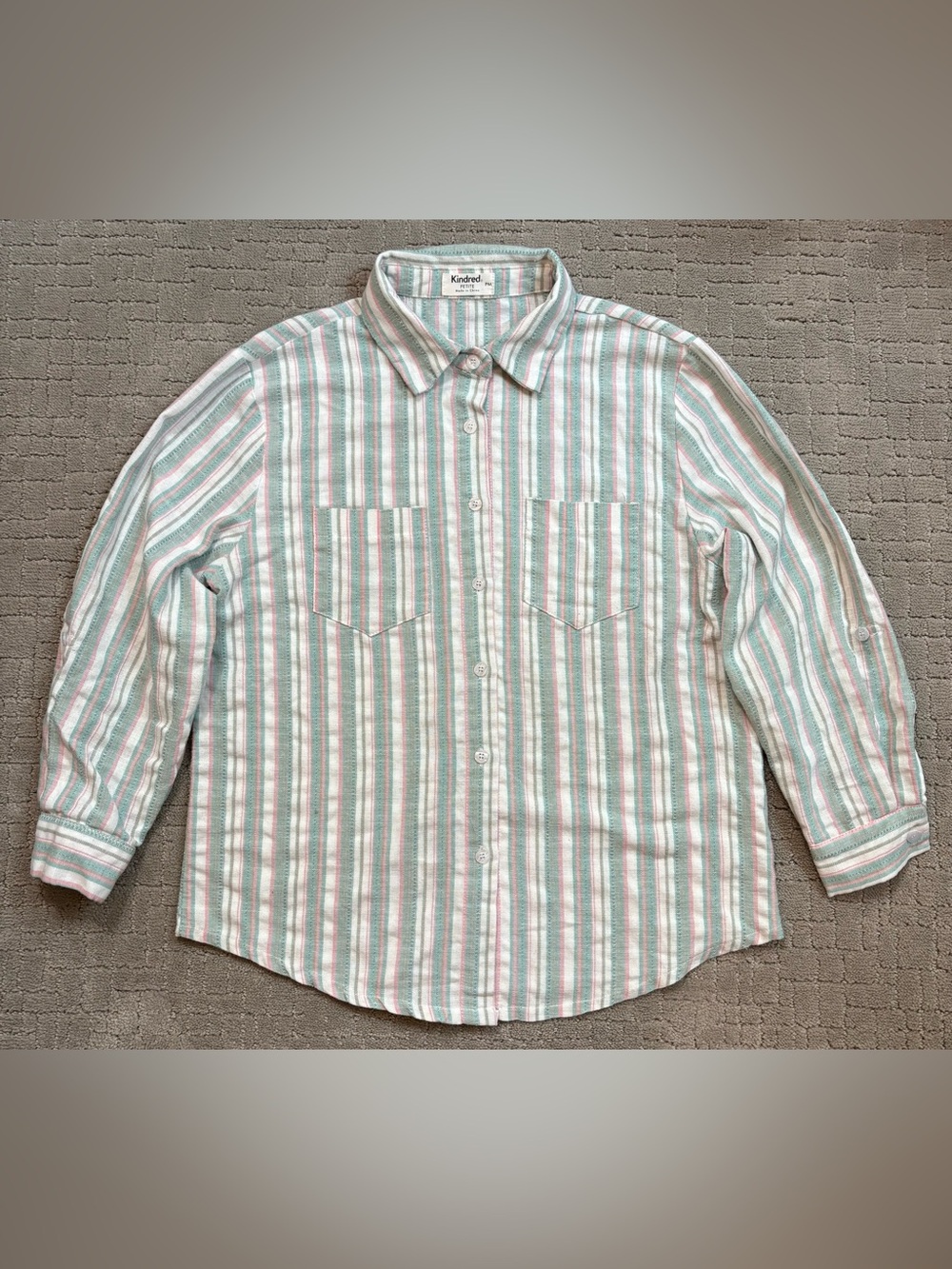 Kindred Anthropologie Mint & Pink Striped Roll Tab Button-Down Shirt